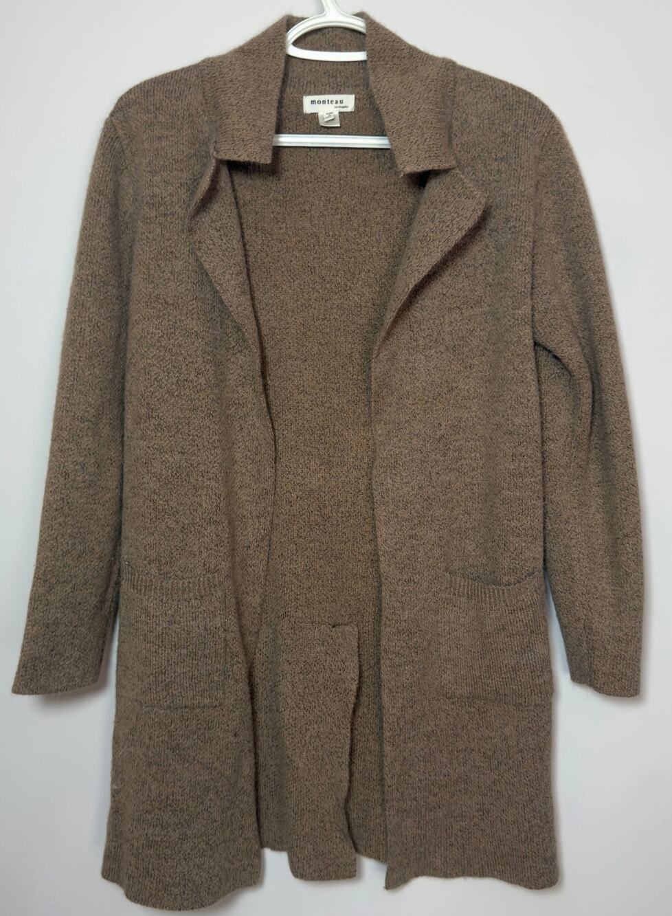 Monteau LA Longline Cardigan Size M Heather Brown Notched Lapel